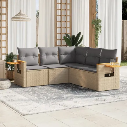 Salon de jardin avec coussins 5 pcs beige résine tressée