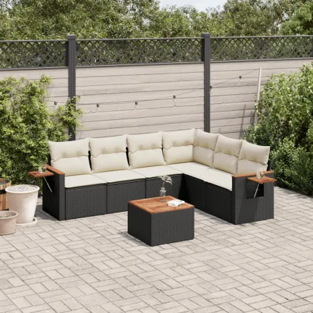 Salon de jardin 7 pcs avec coussins noir résine tressée