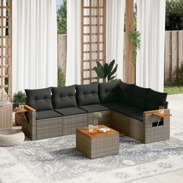 Salon de jardin avec coussins 7 pcs gris résine tressée
