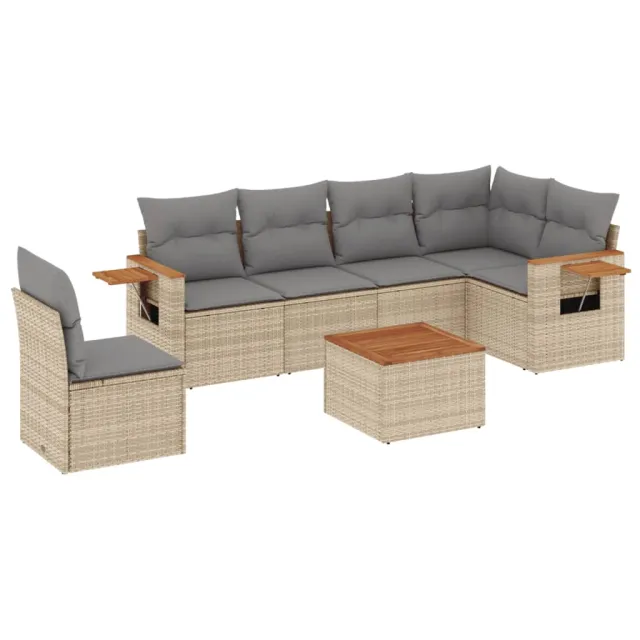 Salon de jardin avec coussins 7 pcs beige résine tressée