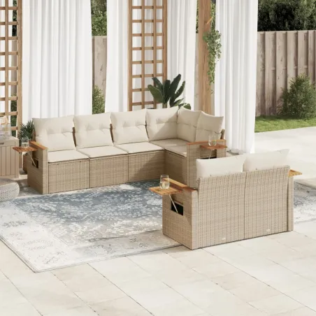 Salon de jardin avec coussins 7 pcs beige résine tressée