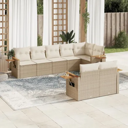 Salon de jardin avec coussins 8 pcs beige résine tressée