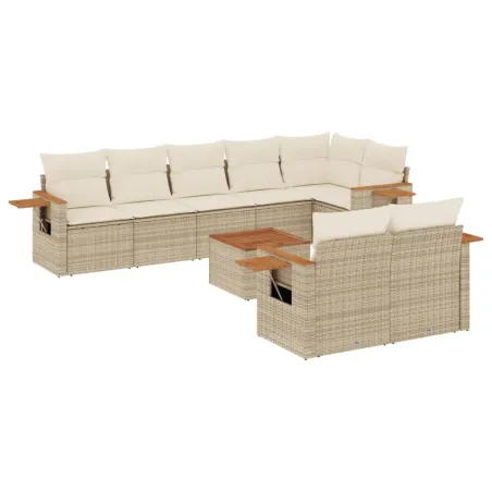 Salon de jardin avec coussins 9 pcs beige résine tressée
