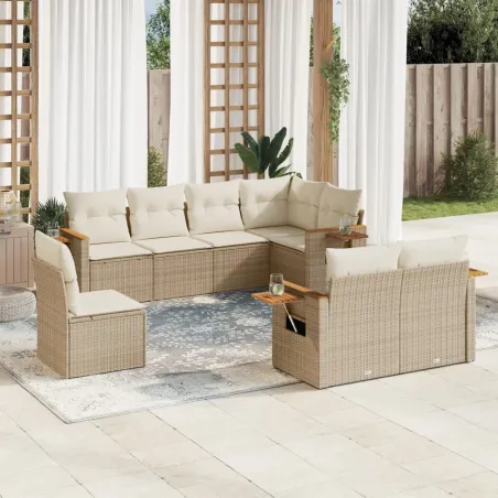 Salon de jardin avec coussins 8 pcs beige résine tressée