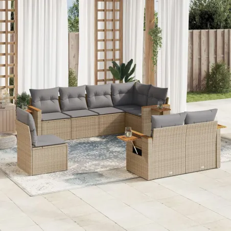 Salon de jardin avec coussins 8 pcs beige résine tressée