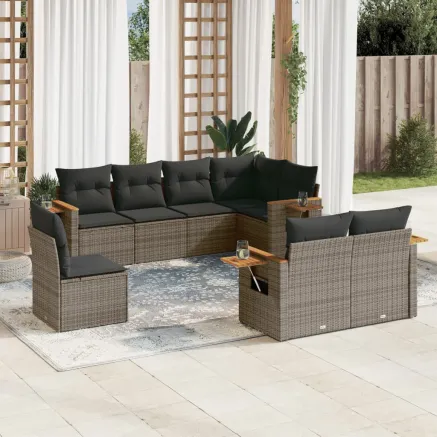 Salon de jardin 8 pcs avec coussins gris résine tressée