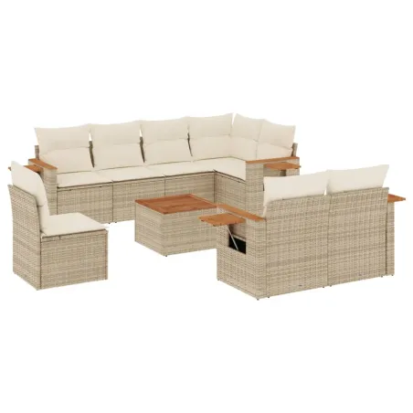 Salon de jardin avec coussins 9 pcs beige résine tressée