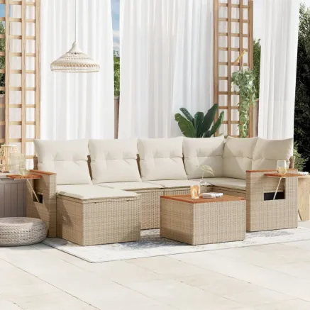 Salon de jardin avec coussins 7 pcs beige résine tressée