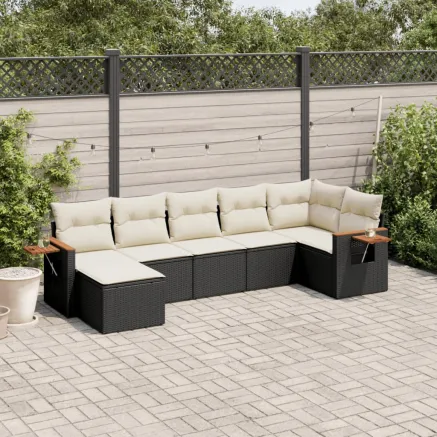 Salon de jardin 7 pcs avec coussins noir résine tressée