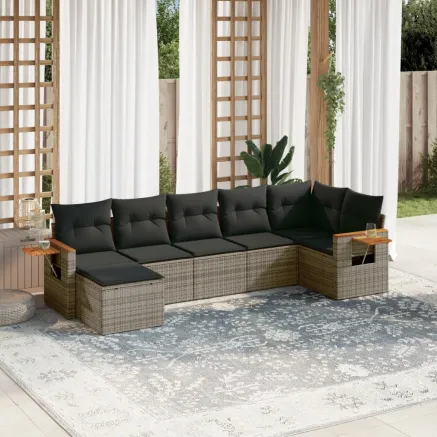 Salon de jardin avec coussins 7 pcs gris résine tressée