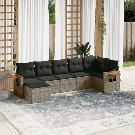Salon de jardin avec coussins 7 pcs gris résine tressée