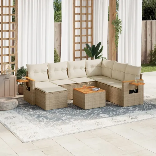 Salon de jardin avec coussins 8 pcs beige résine tressée