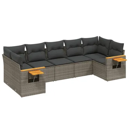 Salon de jardin avec coussins 7 pcs gris résine tressée