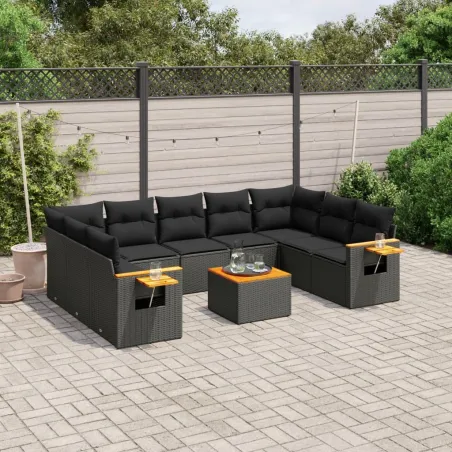 Salon de jardin 10 pcs avec coussins noir résine tressée