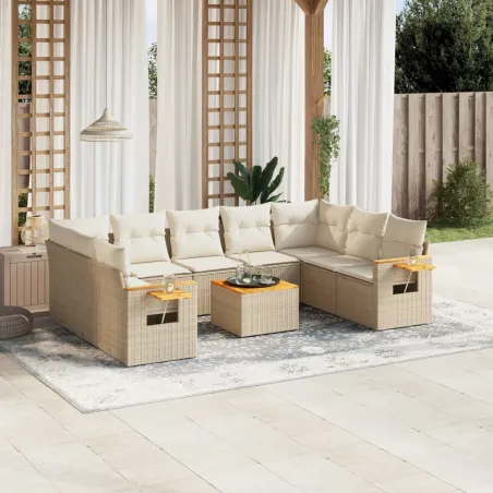 Salon de jardin avec coussins 10 pcs beige résine tressée