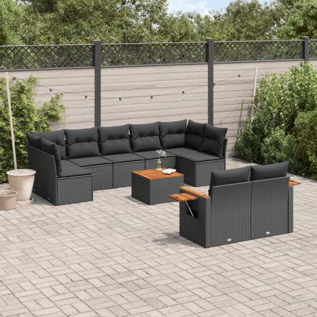 Salon de jardin 10 pcs avec coussins noir résine tressée