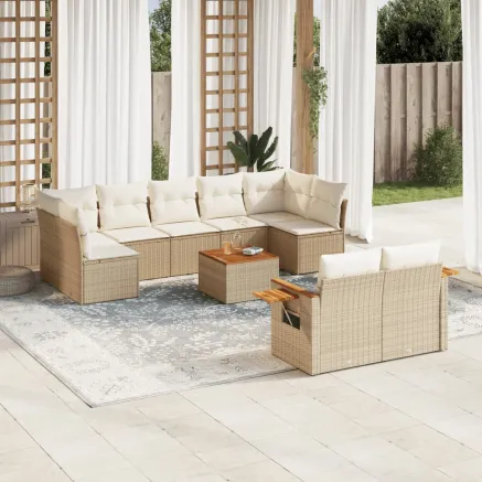 Salon de jardin avec coussins 10 pcs beige résine tressée