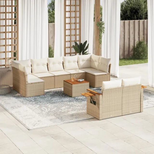 Salon de jardin avec coussins 10 pcs beige résine tressée