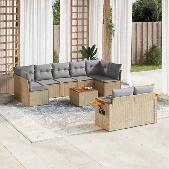 Salon de jardin avec coussins 10 pcs beige résine tressée