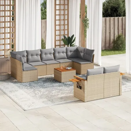 Salon de jardin avec coussins 10 pcs beige résine tressée