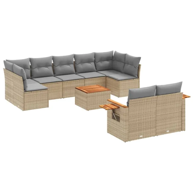 Salon de jardin avec coussins 10 pcs beige résine tressée