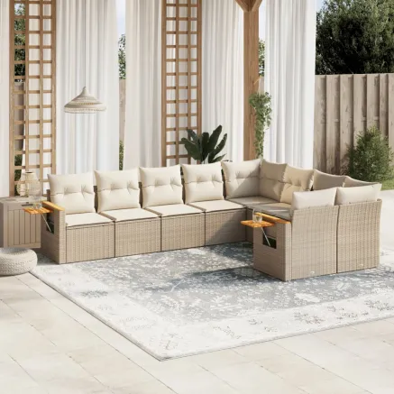 Salon de jardin avec coussins 9 pcs beige résine tressée