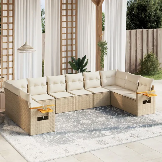Salon de jardin avec coussins 10 pcs beige résine tressée