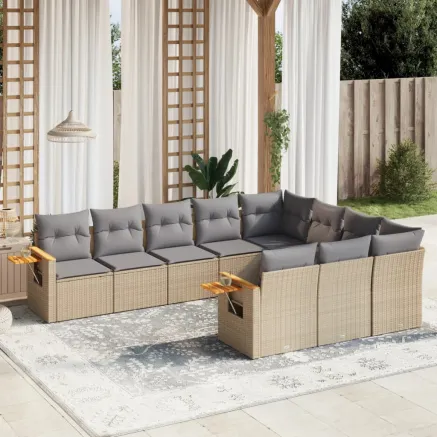 Salon de jardin avec coussins 10 pcs beige résine tressée