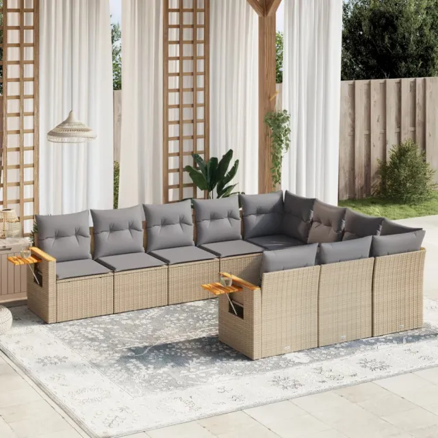 Salon de jardin avec coussins 10 pcs beige résine tressée