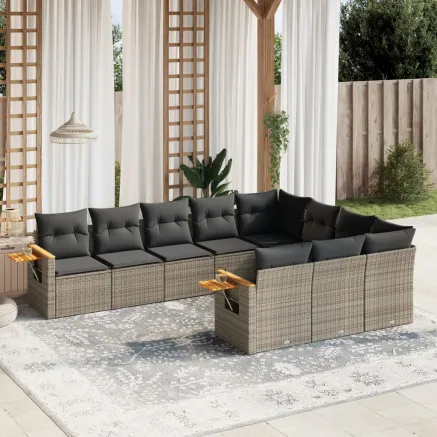Salon de jardin avec coussins 10 pcs gris résine tressée