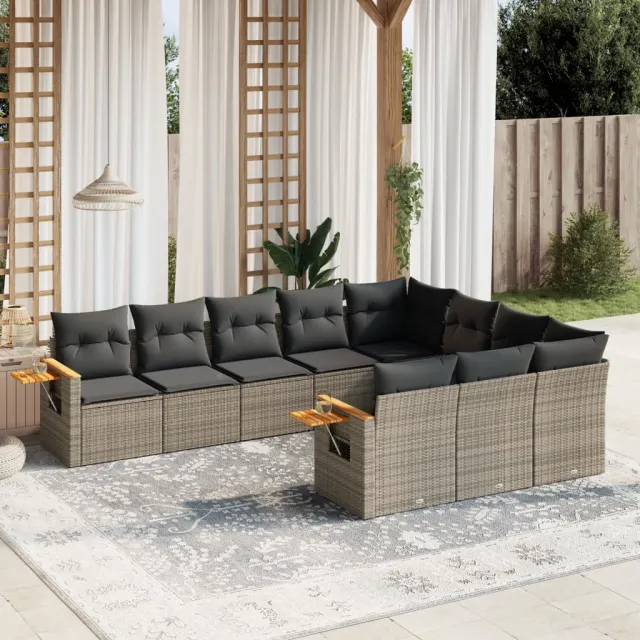 Salon de jardin avec coussins 10 pcs gris résine tressée