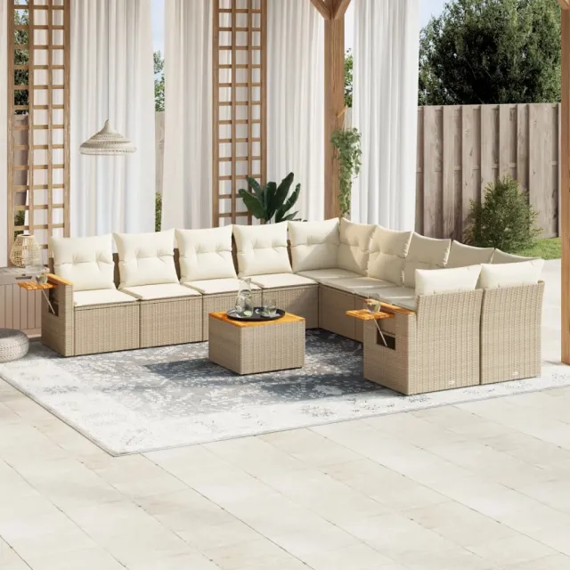 Salon de jardin 11 pcs avec coussins beige résine tressée