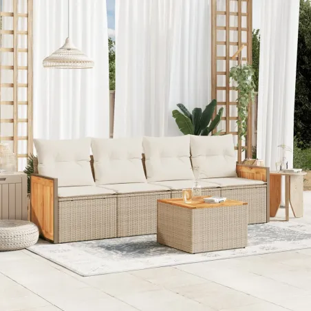 Salon de jardin avec coussins 5 pcs beige résine tressée