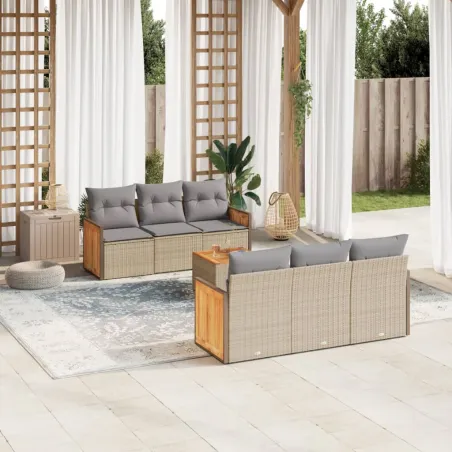 Salon de jardin avec coussins 7 pcs beige résine tressée