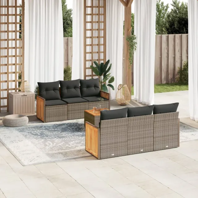 Salon de jardin avec coussins 7 pcs gris résine tressée