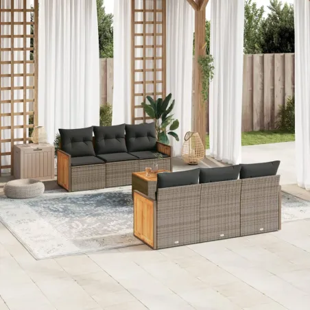 Salon de jardin avec coussins 7 pcs gris résine tressée
