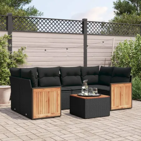 Salon de jardin 7 pcs avec coussins noir résine tressée