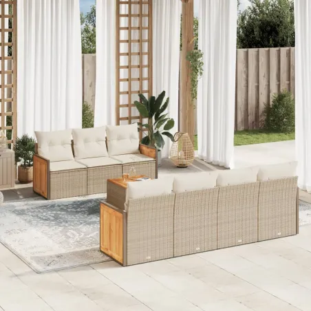 Salon de jardin avec coussins 8 pcs beige résine tressée
