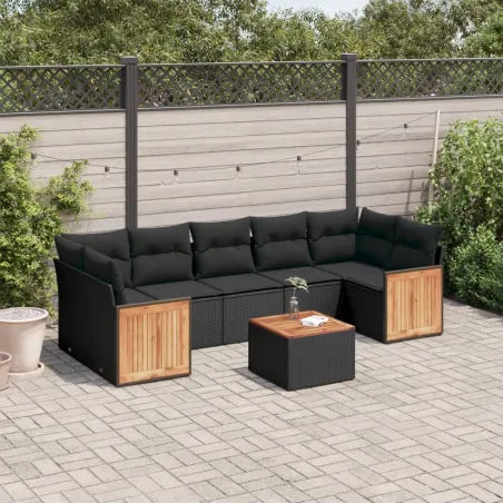 Salon de jardin 8 pcs avec coussins noir résine tressée
