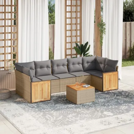 Salon de jardin avec coussins 8 pcs beige résine tressée