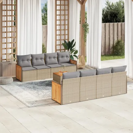 Salon de jardin avec coussins 9 pcs beige résine tressée