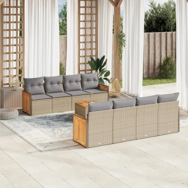 Salon de jardin avec coussins 9 pcs beige résine tressée