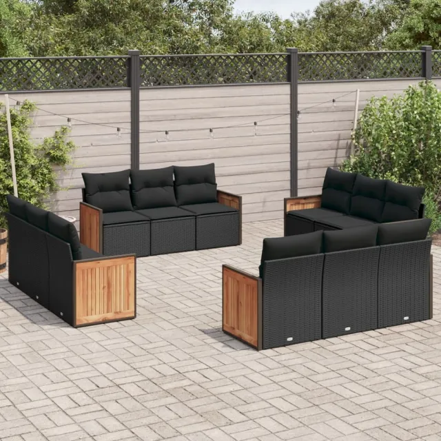 Salon de jardin 12 pcs avec coussins noir résine tressée