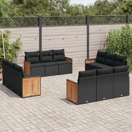 Salon de jardin 12 pcs avec coussins noir résine tressée