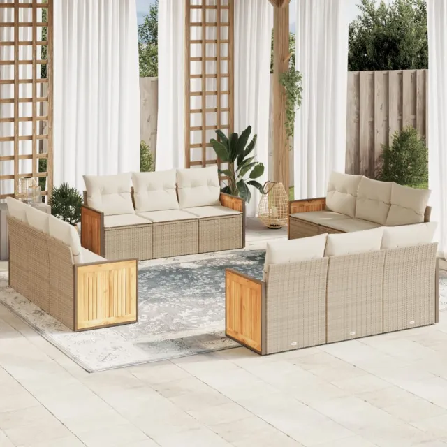 Salon de jardin avec coussins 12 pcs beige résine tressée