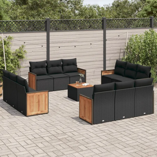Salon de jardin avec coussins 13 pcs noir résine tressée