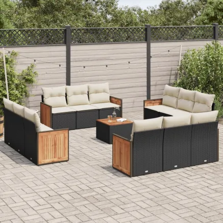 Salon de jardin avec coussins 13 pcs noir résine tressée
