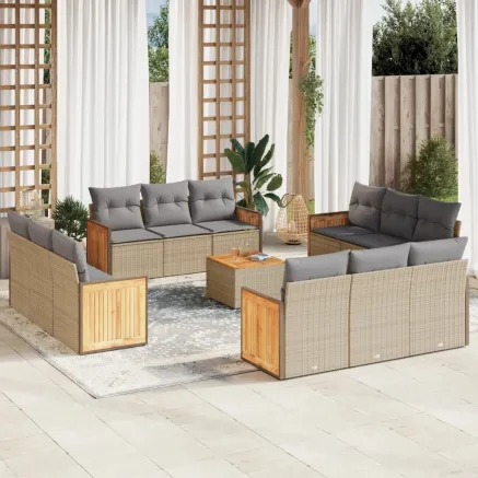 Salon de jardin avec coussins 13 pcs beige résine tressée