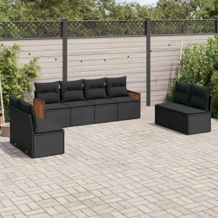 Salon de jardin 8 pcs avec coussins noir résine tressée