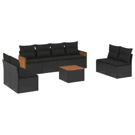 Salon de jardin 9 pcs avec coussins noir résine tressée 2
